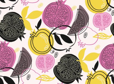 Güzel el çizimi, nar deseni. Meyveli karalama desenli arka plan. Tatlı ve taze sanat.