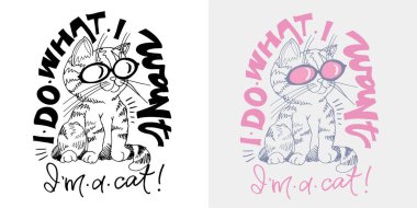 Kediyle ilgili güzel el çizimi karalama yazısı. Tişört tasarımı, kupa baskısı, çanta baskısı, kıyafet modası. % 100 elle çizilmiş vektör resmi.