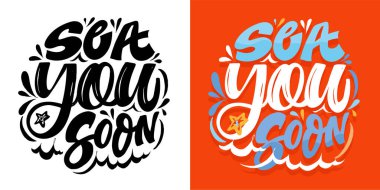 Güneşli el karalamaları, yaz titreşimleri hakkında alıntılar yapıyor. Tişört tasarımı, kupa baskısı, çanta baskısı, kıyafet modası. % 100 elle çizilmiş vektör resmi.