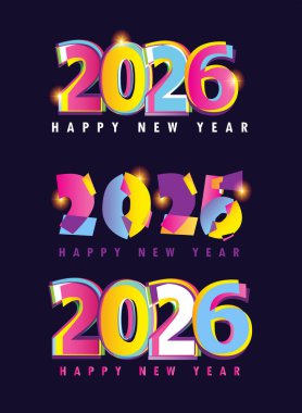 2026 Mutlu Yıllar logosu metin tasarımı. 2026 numara tasarım şablonu. 2026 Mutlu Yıllar sembolleri koleksiyonu. Beyaz arkaplanda siyah etiketli vektör illüstrasyonu.