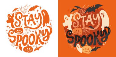 Mutlu Cadılar Bayramı seti - Şaka mı şeker el çizimi karalama harfleri etiketi, tişört tasarımı, sabıka baskısı, çıkartma baskısı.