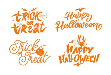 Mutlu Cadılar Bayramı seti - Şaka mı şeker el çizimi karalama harfleri etiketi, tişört tasarımı, sabıka baskısı, çıkartma baskısı.