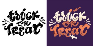 Mutlu Cadılar Bayramı seti - Şaka mı şeker el çizimi karalama harfleri etiketi, tişört tasarımı, sabıka baskısı, çıkartma baskısı.