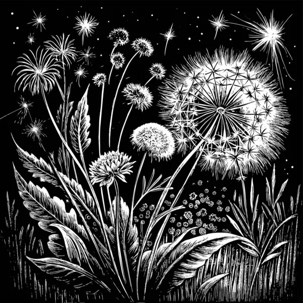 Fairy Dandelion Hand Drawing Black Background Dandelion Night Stock Illustration