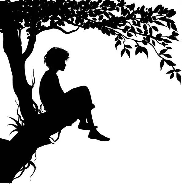 Junge Silhouette Sitzt Auf Dem Baum Schwarz Weiß Vektor Vektorillustration Vektorgrafiken