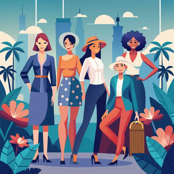 Group Fashionable Woman Standing City Background Vector Vector Graphics