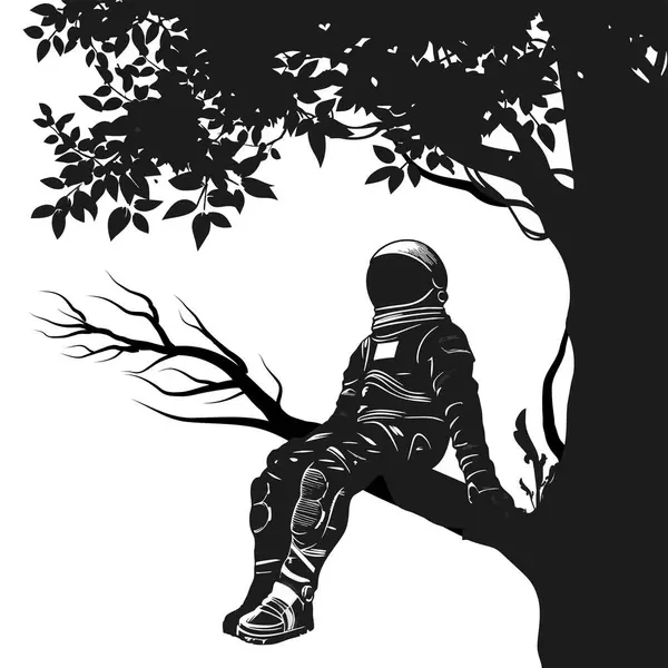 Space Man Sitting Tree Dreamer Dream Space Vector Illustration Stock Vector