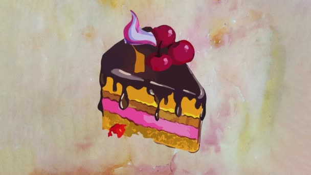 蛋糕片揭示动画造型自填水色对咖啡店商业促销元素艺术和透明背景的影响 — 图库视频影像