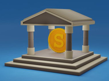 Banka inşaatı ya da mevduat kasası içinde üç boyutlu mali ve ekonomik illüstrasyon içinde para