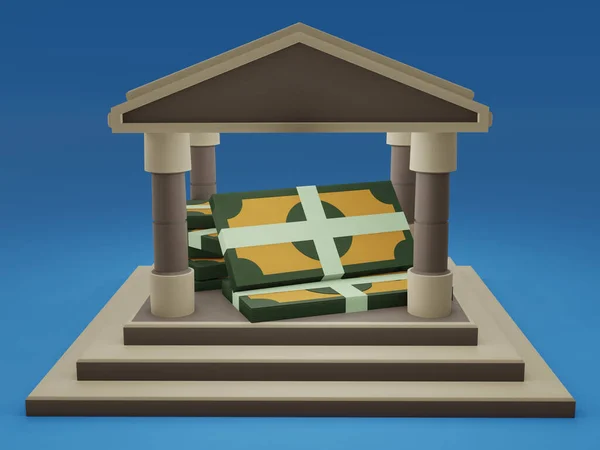 Bank building or deposit safe with money inside 3D illustration of finance and economic