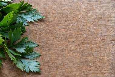 Çizik ahşap arkaplanda yazı yazmak için maydanoz yaprağı oluşturma yan çerçevesi