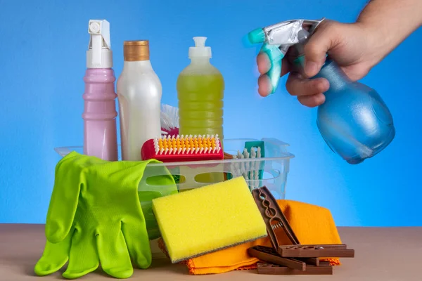 Basket Cleaning Products Home Hygiene Use Plastic Packaging — Stock Photo, Image