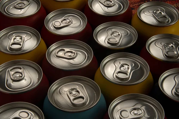 Group Aluminum Soda Cans Assorted Colors Forming Mosaic — Stock Photo, Image