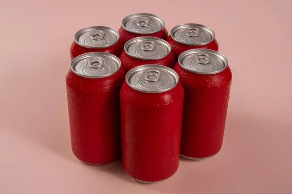 Group Aluminum Soda Cans Chilled Frozen Water Drops — Stock Photo, Image
