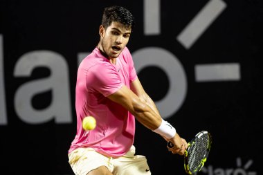 Rio, Brazil - february 24, 2023: Carlos Alcaraz (ESP)) player in match against Dusan Lajovic (SRB) by Rio Open 2023 ATP 500, in Rio de Janeiro Jockey Club