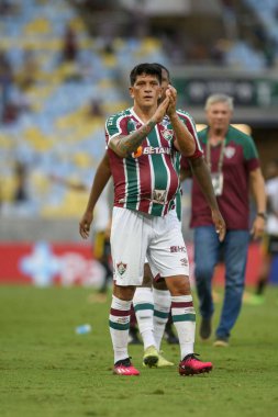 Rio, Brezilya - 18 Mart 2023, Maracana Stadyumu 'nda oynanan Carioca Şampiyonası yarı final karşılaşmasında Fluminense ile Volta Redonda arasında oynanan maçta Alman Cano oyuncusu
