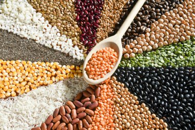 Tahta kaşık, çeşitli tohumlarda çiğ kırmızı mercimek.