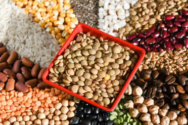 Çeşitli tohumlarda çiğ mercimek kâsesi.