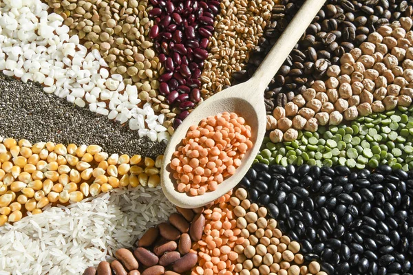 stock image Wooden spoon with raw red lentils on various seeds