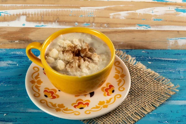 Typical Brazilian Sweet Dessert Canjica White Corn Porridge Cinnamon Coconut — Stock Photo, Image