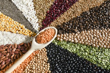 Tahta kaşık, çeşitli tohumlarda çiğ kırmızı mercimek.