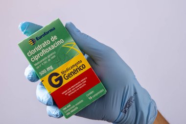 Rio, Brazil - January 27, 2023, hand with protective rubber glove holding medicine box, cipofloxacin hydrochloride