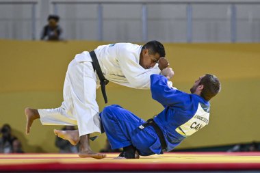 Santiago, Şili, 28 Ekim 2023, Juan Postigos (PER) - Julien Frascadore (CAN) - 2023 Pan Amerikan Oyunları 'nda erkekler -66 kilo