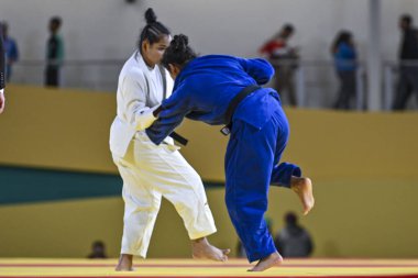 Santiago, Şili, 28 Ekim 2023, Kristine Jimenez (PAN) - Judo sırasında Astrid Gavidia (ECU) - Kadınlar - 57kg Pan Amerikan Oyunları 'nda
