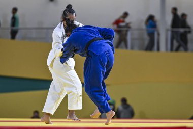 Santiago, Şili, 28 Ekim 2023, Kristine Jimenez (PAN) - Judo sırasında Astrid Gavidia (ECU) - Kadınlar - 57kg Pan Amerikan Oyunları 'nda