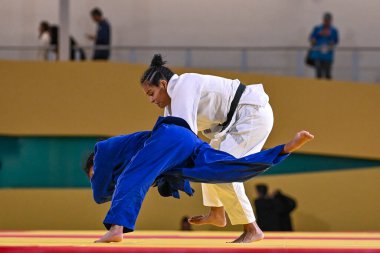 Santiago, Şili, 28 Ekim 2023, Kristine Jimenez (PAN) - Judo sırasında Astrid Gavidia (ECU) - Kadınlar - 57kg Pan Amerikan Oyunları 'nda