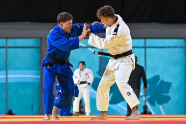 Santiago, Şili, 28 Ekim 2023, Juan Pablo Hernandez (COL) Judo sırasında Willian Lima 'ya karşı - 2023 Pan Amerikan Oyunları' nda erkekler -66 kilo