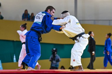 Santiago, Şili, 28 Ekim 2023, Juan Postigos (PER) - Julien Frascadore (CAN) - 2023 Pan Amerikan Oyunları 'nda erkekler -66 kilo