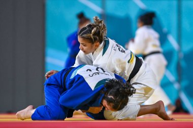 Santiago, Şili, 28 Ekim 2023, Larissa Pimenta (BRA) - Judo sırasında Angelica Delgado (ABD) - Kadınlar -52 kilo - 2023 Pan Amerikan Oyunları 'nda