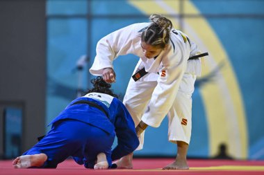 Santiago, Şili, 28 Ekim 2023, Larissa Pimenta (BRA) - Judo sırasında Angelica Delgado (ABD) - Kadınlar -52 kilo - 2023 Pan Amerikan Oyunları 'nda