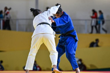 Santiago, Şili, 28 Ekim 2023, Kristine Jimenez (PAN) - Judo sırasında Astrid Gavidia (ECU) - Kadınlar - 57kg Pan Amerikan Oyunları 'nda