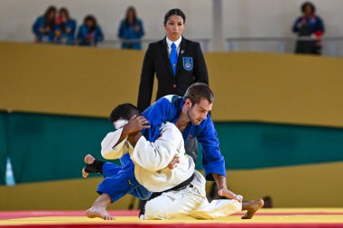 Santiago, Şili, 28 Ekim 2023, Juan Postigos (PER) - Julien Frascadore (CAN) - 2023 Pan Amerikan Oyunları 'nda erkekler -66 kilo