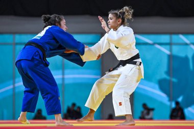 Santiago, Şili, 28 Ekim 2023, Larissa Pimenta (BRA) - Judo sırasında Angelica Delgado (ABD) - Kadınlar -52 kilo - 2023 Pan Amerikan Oyunları 'nda
