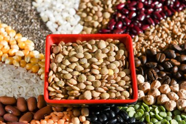 Çeşitli tohumlarda çiğ mercimek kâsesi.