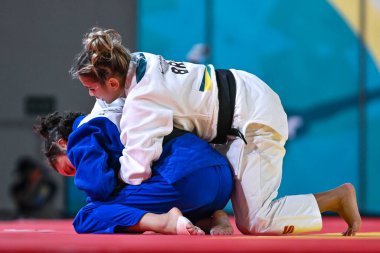 Santiago, Şili, 28 Ekim 2023, Larissa Pimenta (BRA) - Judo sırasında Angelica Delgado (ABD) - Kadınlar -52 kilo - 2023 Pan Amerikan Oyunları 'nda