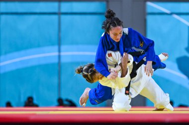 Santiago, Şili, 28 Ekim 2023, Larissa Pimenta (BRA) - Judo sırasında Angelica Delgado (ABD) - Kadınlar -52 kilo - 2023 Pan Amerikan Oyunları 'nda