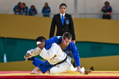 Santiago, Şili, 28 Ekim 2023, Juan Postigos (PER) - Julien Frascadore (CAN) - 2023 Pan Amerikan Oyunları 'nda erkekler -66 kilo