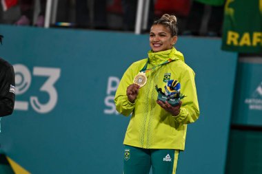 Santiago, Şili, 28 Ekim 2023, Larissa Pimenta (BRA), Judo sırasında altın madalya - Kadınlar -52 kilo ağırlığındaki podyum 2023 Pan Amerikan Oyunları