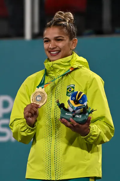 Santiago, Şili, 28 Ekim 2023, Larissa Pimenta (BRA), altın, Paulina Martinez (MEX), gümüş ve Angelica Delgado (ABD), Lilian Cordones (PAN), bronz, judo sırasında - 2023 Pan Amerikan Oyunları 'nda bayanlar - 52 kilo podyum