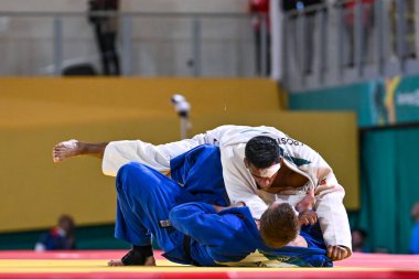 Santiago, Şili, 28 Ekim 2023, Juan Postigos (PER) - Julien Frascadore (CAN) - 2023 Pan Amerikan Oyunları 'nda erkekler -66 kilo