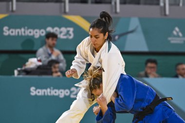 Santiago, Şili, 28 Ekim 2023, Judith Gonzalez (CHI) - Judo sırasında Agustina Lahiton (ARG) - Kadınlar -52 kilo - 2023 Pan Amerikan Oyunları 'nda