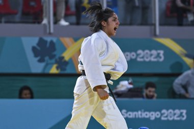 Santiago, Şili, 28 Ekim 2023, Judith Gonzalez (CHI) - Judo sırasında Agustina Lahiton (ARG) - Kadınlar -52 kilo - 2023 Pan Amerikan Oyunları 'nda