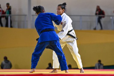 Santiago, Şili, 28 Ekim 2023, Kristine Jimenez (PAN) - Judo sırasında Astrid Gavidia (ECU) - Kadınlar - 57kg Pan Amerikan Oyunları 'nda