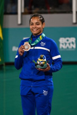Santiago, Şili, 28 Ekim 2023, Rafaela Silva (BRA), altın, Brisa Gomez (ARG), gümüş ve Jimenez Kristime (PAN), Maria Villalba (COL), bronz, Judo sırasında - bayanlar - 57 kg Pan Amerikan Oyunları
