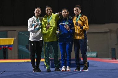 Santiago, Şili, 28 Ekim 2023, Rafaela Silva (BRA) gold, Brisa Gomez (ARG) silver, Jimenez Kristime (PAN), Maria Villalba (COL) bronz, Judo - women -57 kg, 2023 Pan American Games