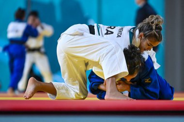 Santiago, Şili, 28 Ekim 2023, Larissa Pimenta (BRA) - Judo sırasında Angelica Delgado (ABD) - Kadınlar -52 kilo - 2023 Pan Amerikan Oyunları 'nda